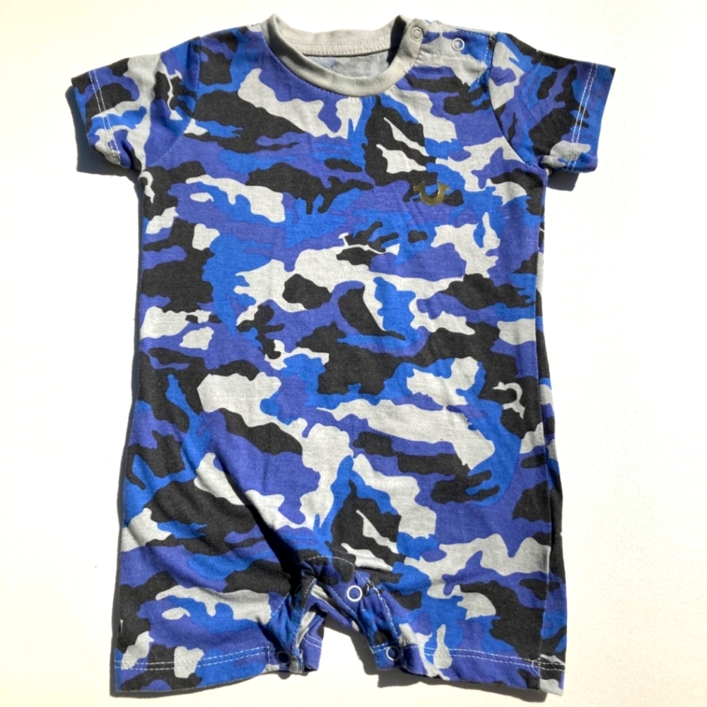 TRUE RELIGION One Piece Shortall Romper Size 12 Months Camouflage Blue Gray